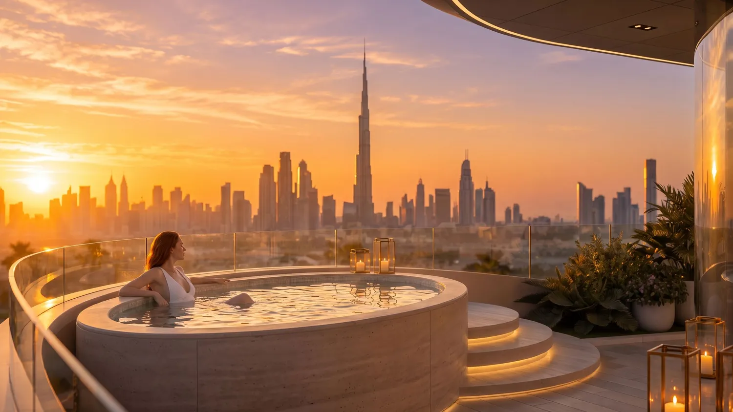 Rabdan Avenue duplex terrace pool with Downtown Dubai skyline