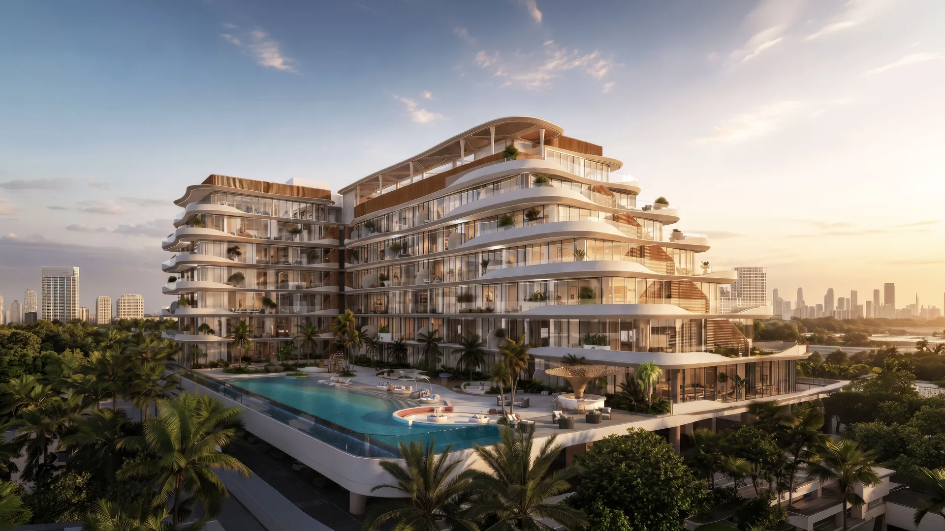 Rabdan Avenue with its curved terraces and infinity pool in Meydan, Dubai